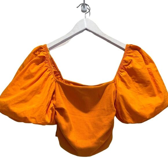 Zara Neon Orange Puff Sleeve Ruched Crop Top - Picture 7 of 9